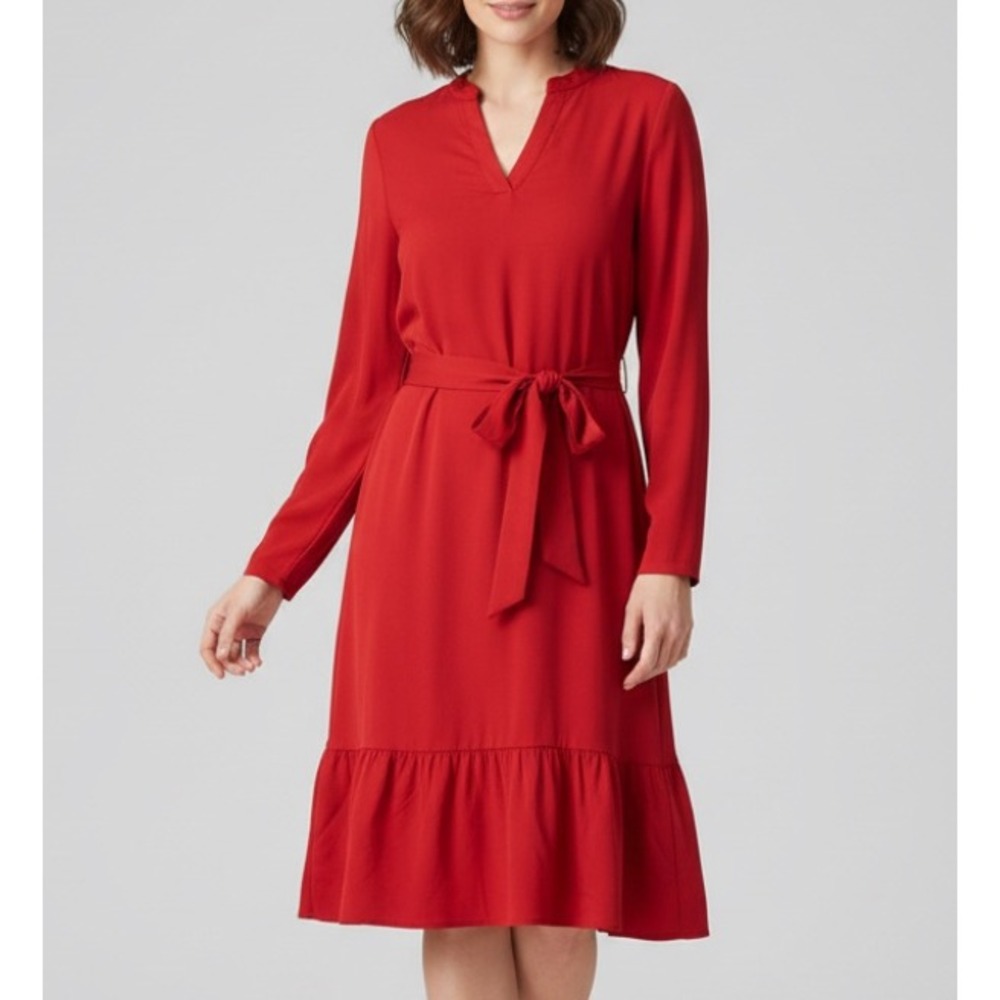 SHE + SKY Silky SATIN Dark Red RUFFLE HEM Belt V-NECK Popover A-LINE DRESS Sz XL